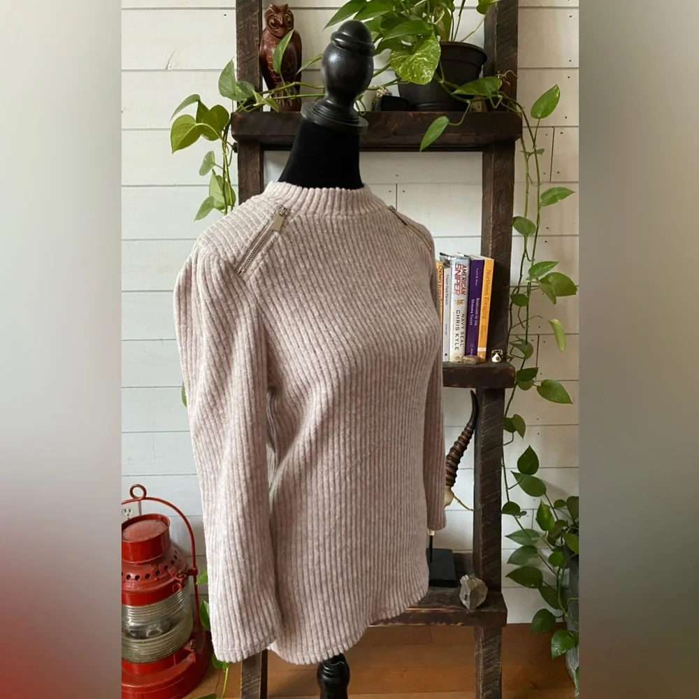 Olivia Blu: Cream Tan Soft Sweater with Zippers at Collar